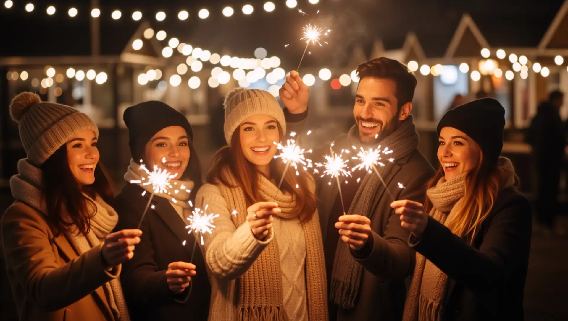 A group of friends joyfully holding sparklers, illuminating their faces against the night sky.
